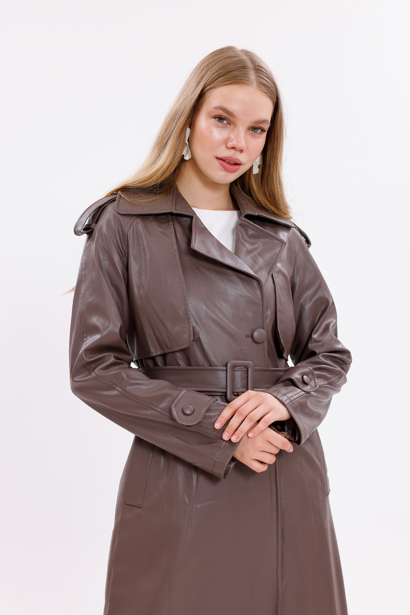 GLX Faux Leather Trenchcoat Brown