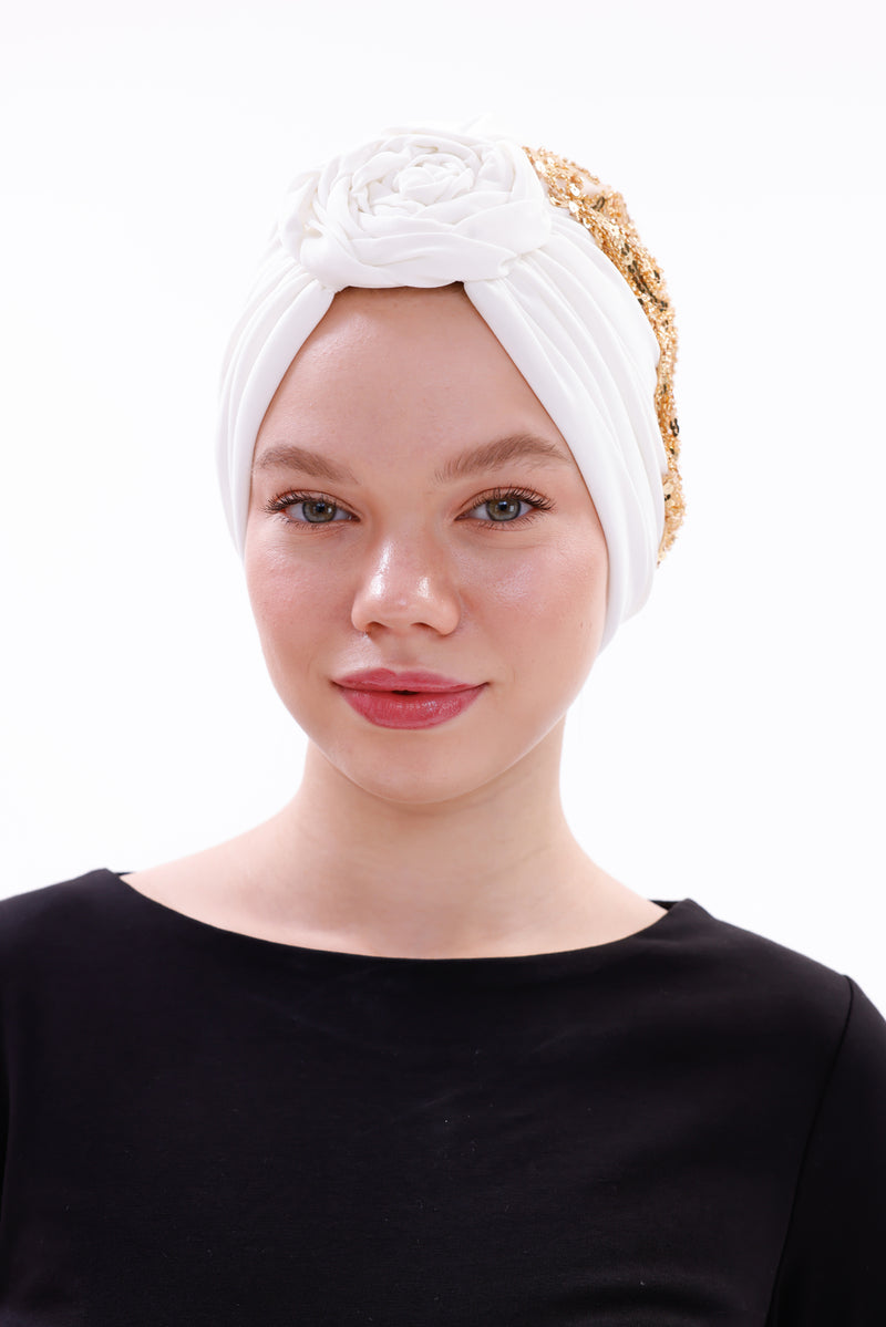 QF 1832 Sequin Handmade Turban Ecru
