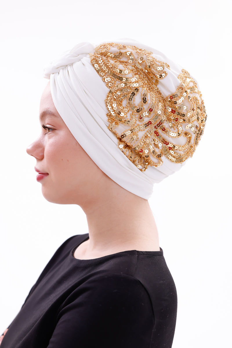 QF 1832 Sequin Handmade Turban Ecru