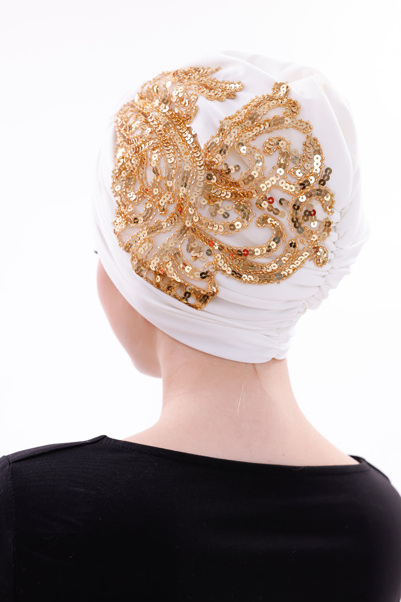 QF 1832 Sequin Handmade Turban Ecru