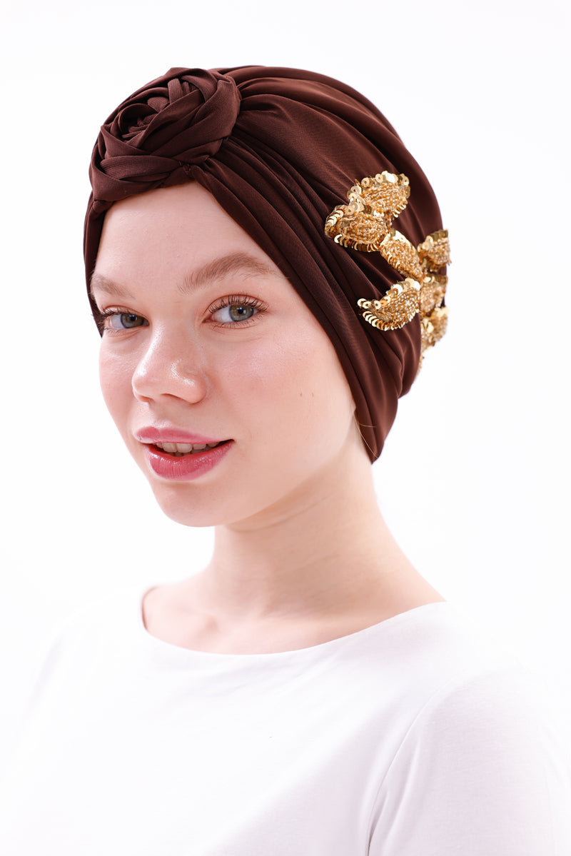 QF 1830 Sequin Handmade Turban Brown