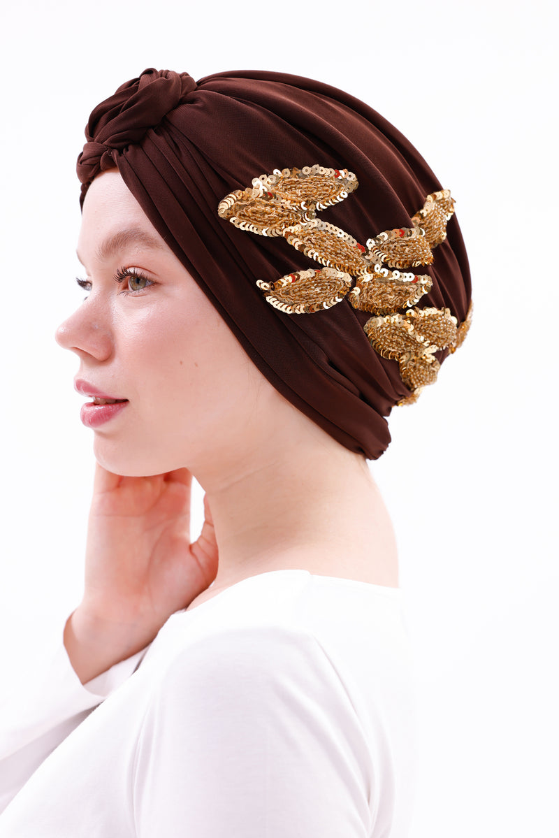 QF 1830 Sequin Handmade Turban Brown