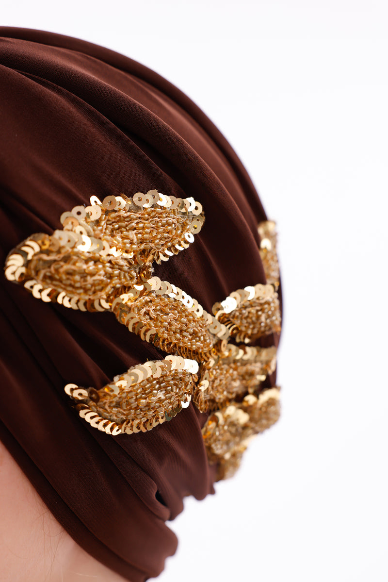 QF 1830 Sequin Handmade Turban Brown