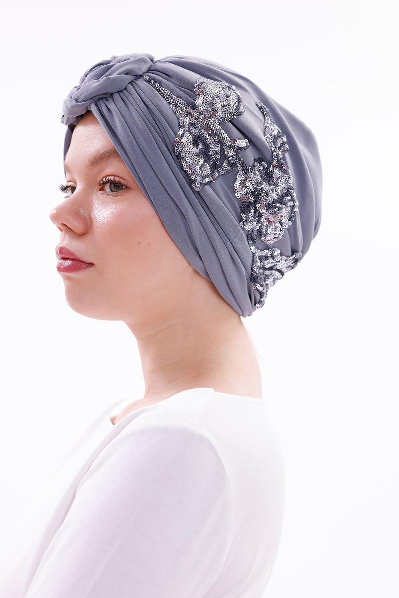 QF 1831B Sequin Handmade Turban Gray