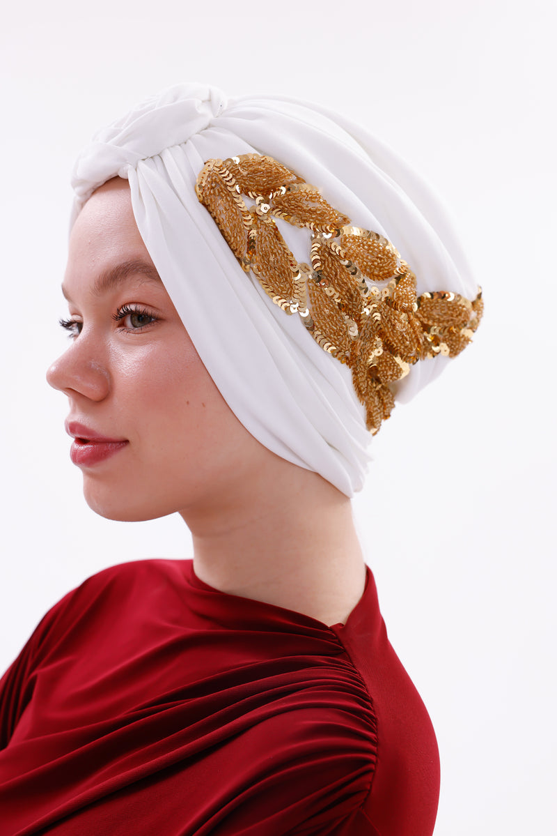 QF 1830 Sequin Handmade Turban Ecru