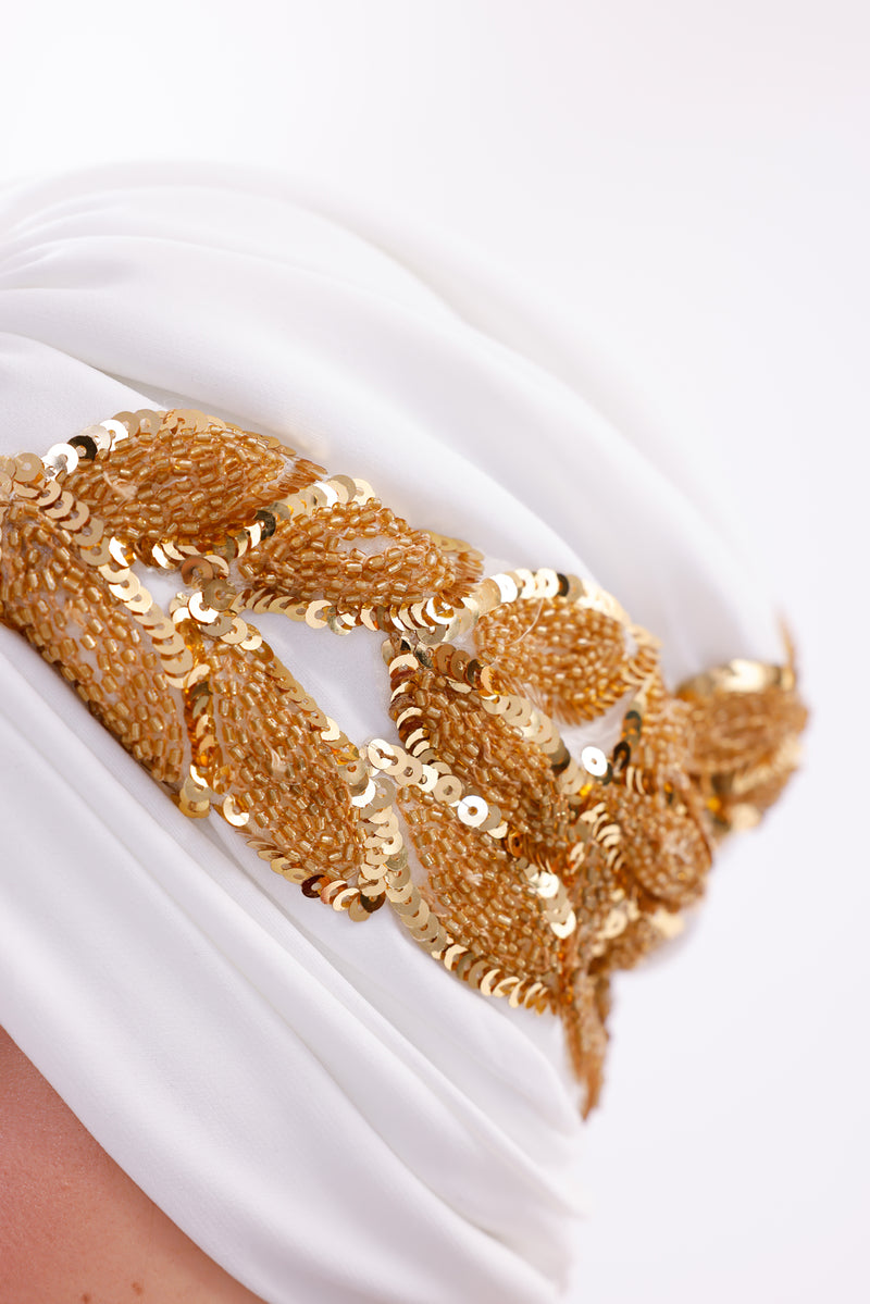 QF 1830 Sequin Handmade Turban Ecru