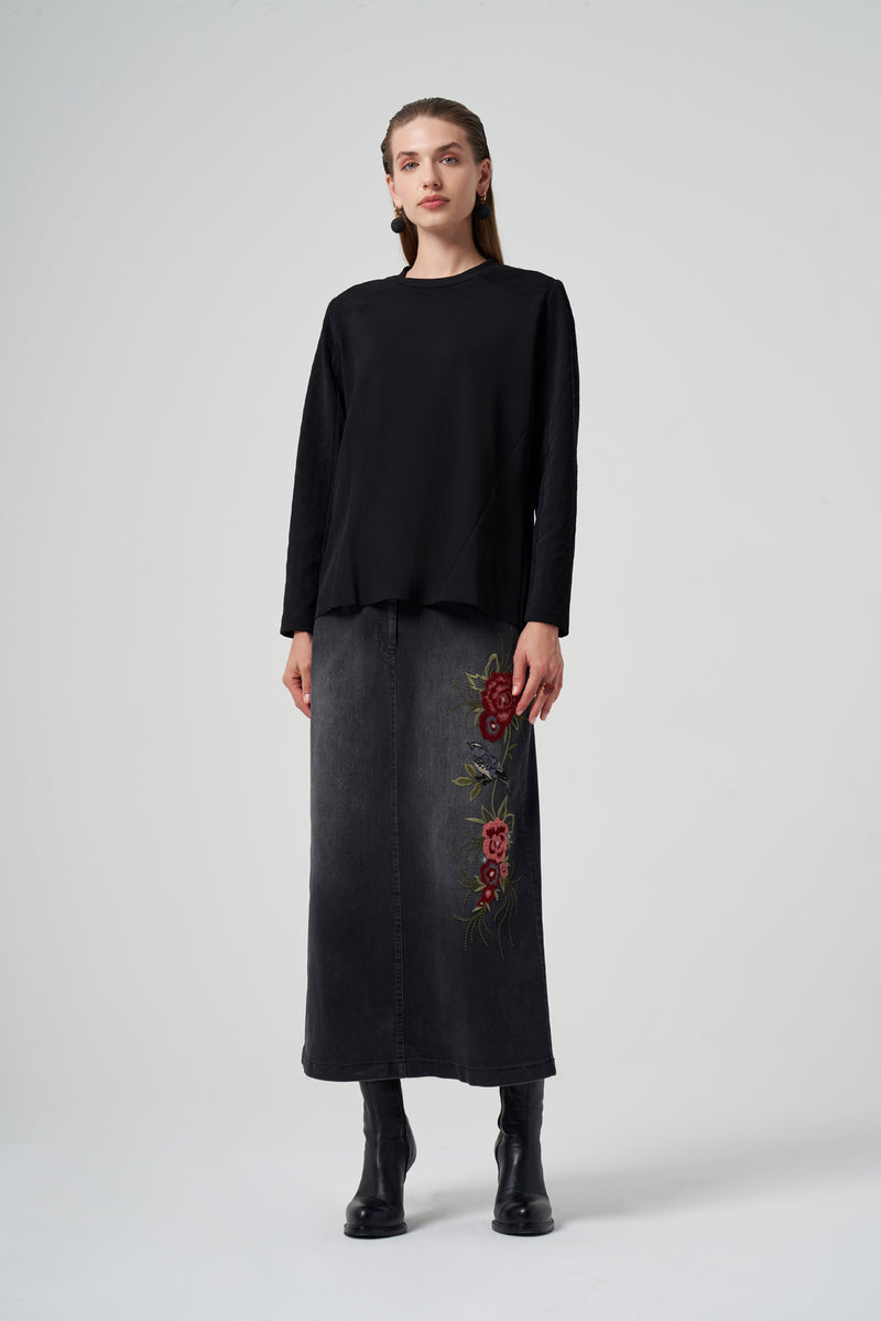 MissWhence Embroidery Denim Skirt Black