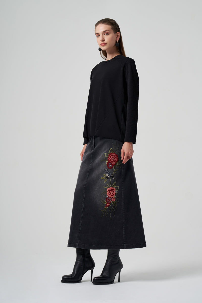 MissWhence Embroidery Denim Skirt Black