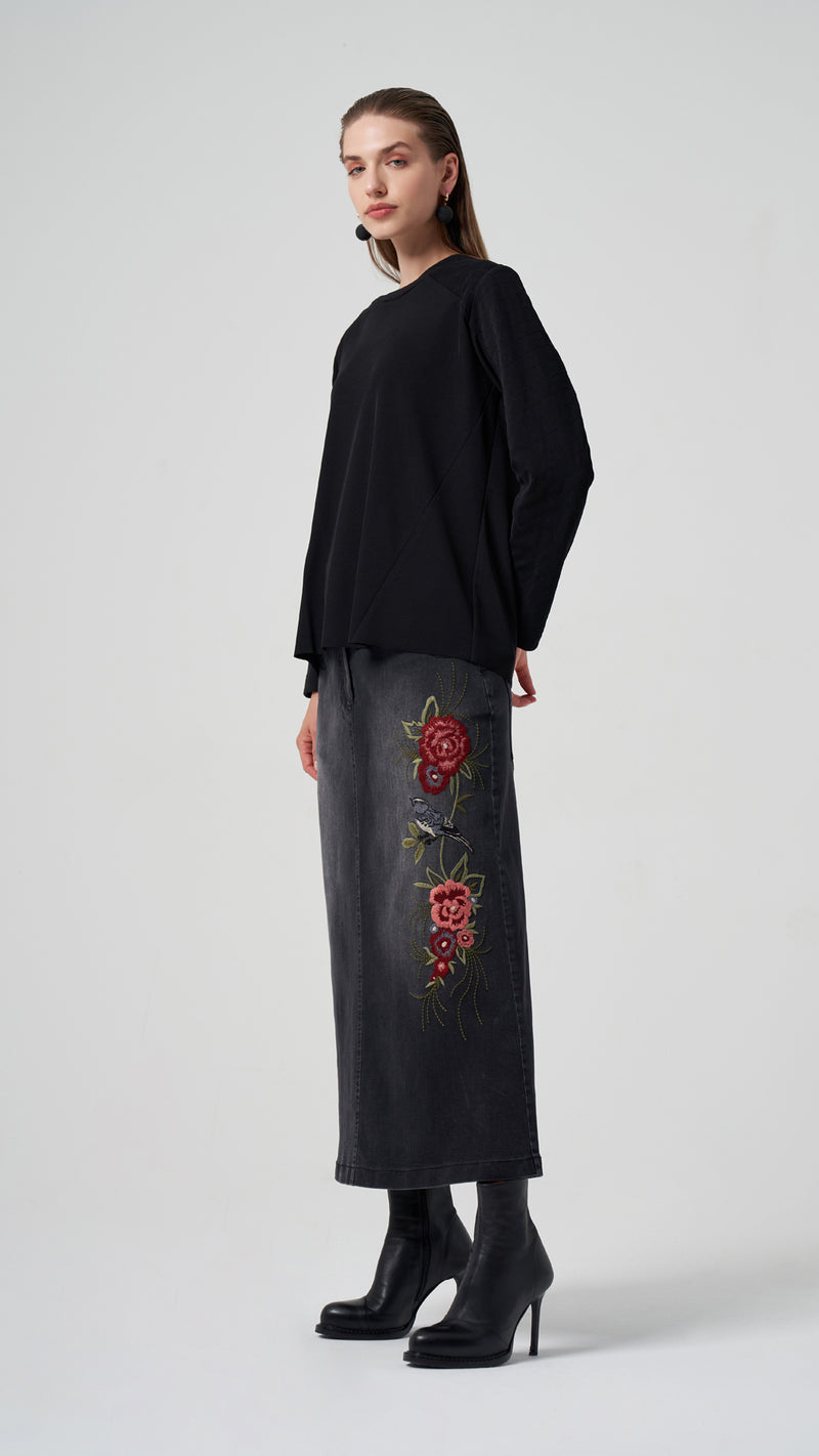 MissWhence Embroidery Denim Skirt Black