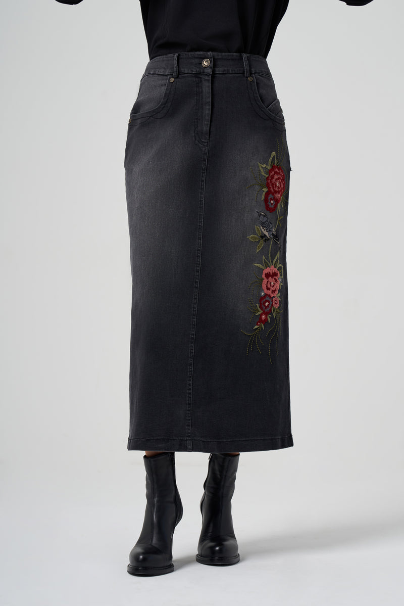 MissWhence Embroidery Denim Skirt Black