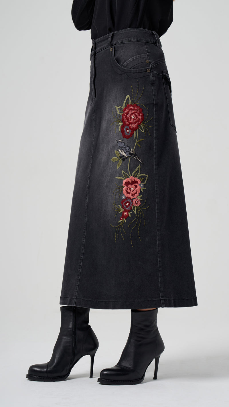 MissWhence Embroidery Denim Skirt Black