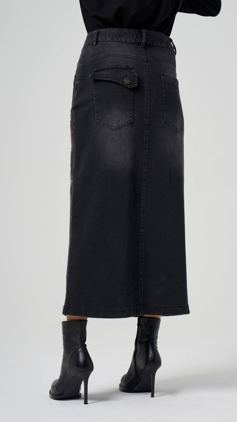 MissWhence Embroidery Denim Skirt Black