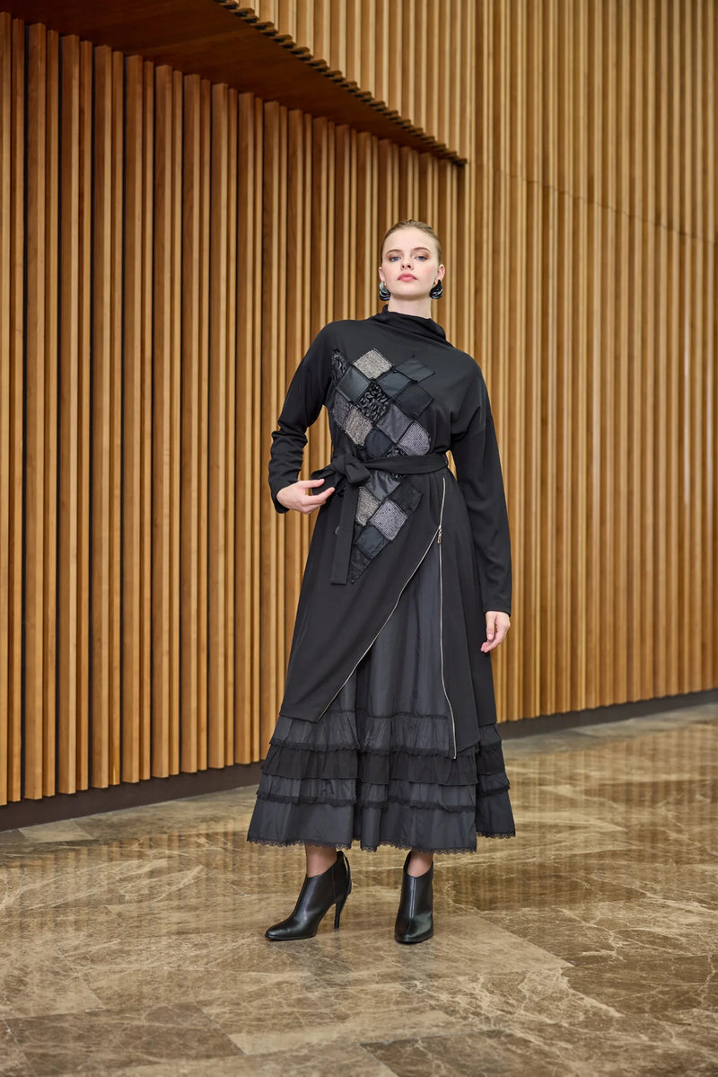 MissWhence 38808 2 Pc Patchwork Dress Black