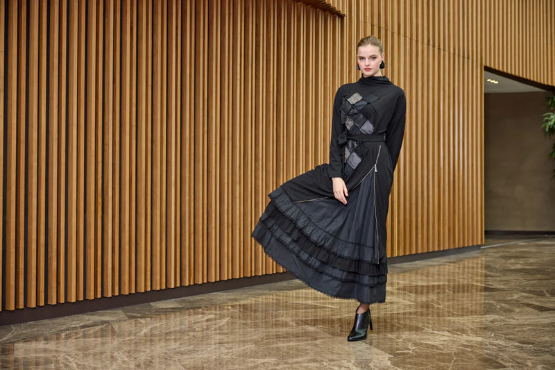 MissWhence 38808 2 Pc Patchwork Dress Black
