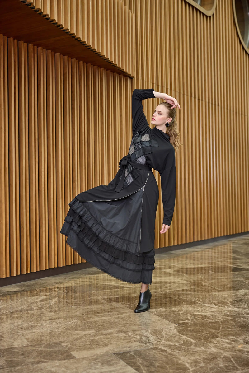 MissWhence 38808 2 Pc Patchwork Dress Black