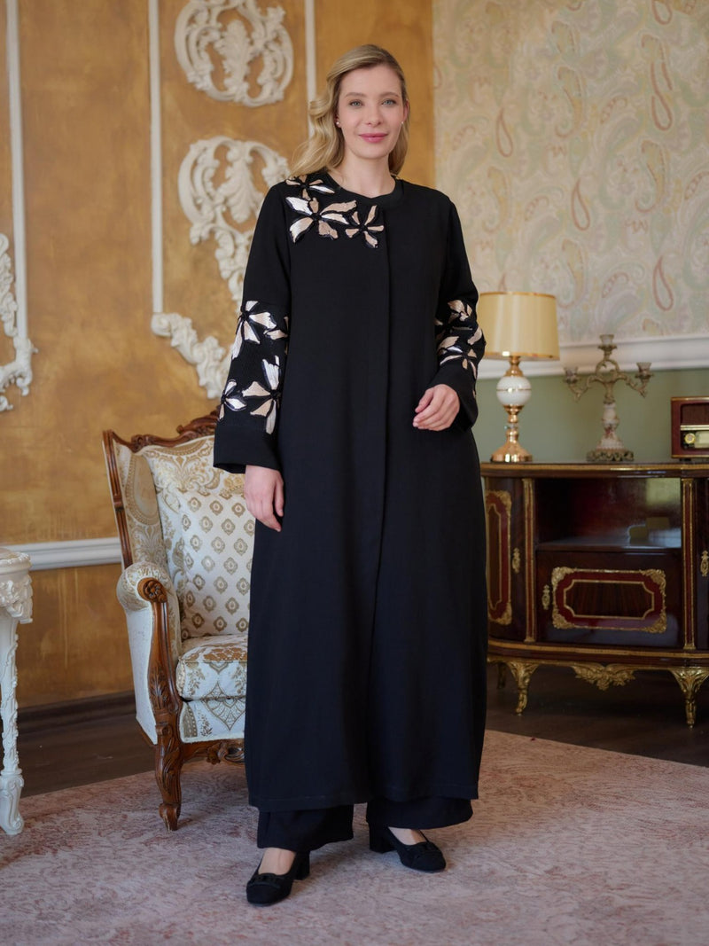 DL Flower Printed Abaya Black