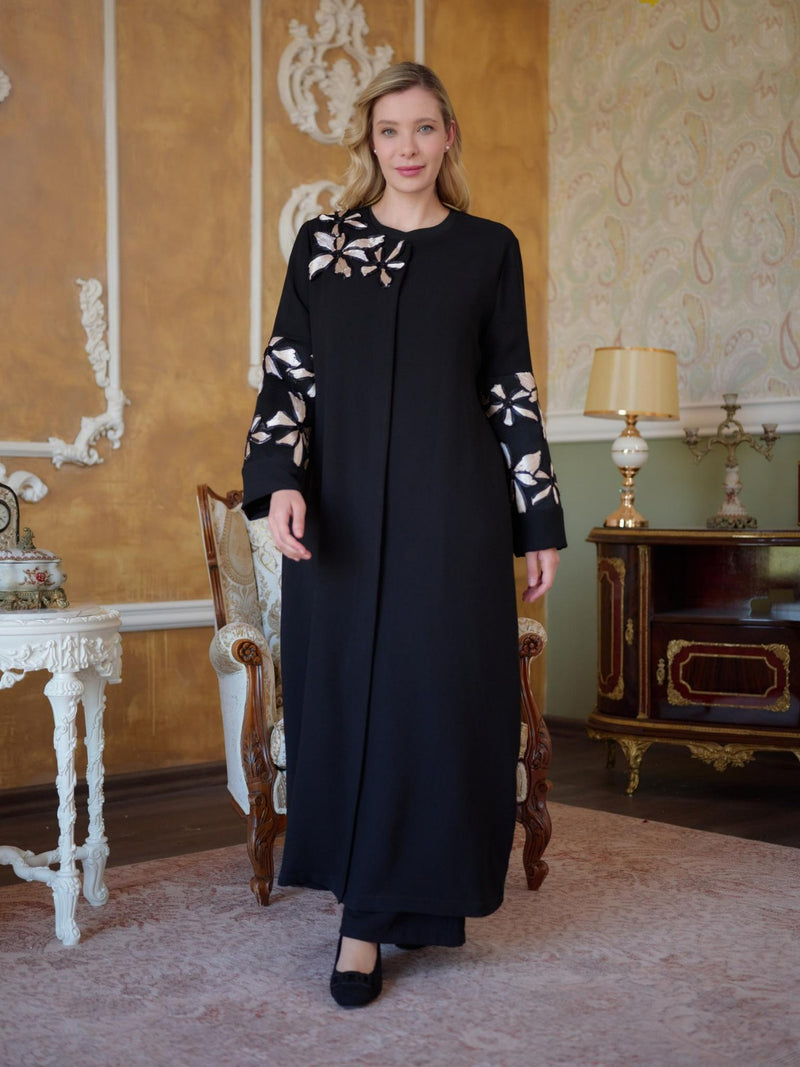 DL Flower Printed Abaya Black