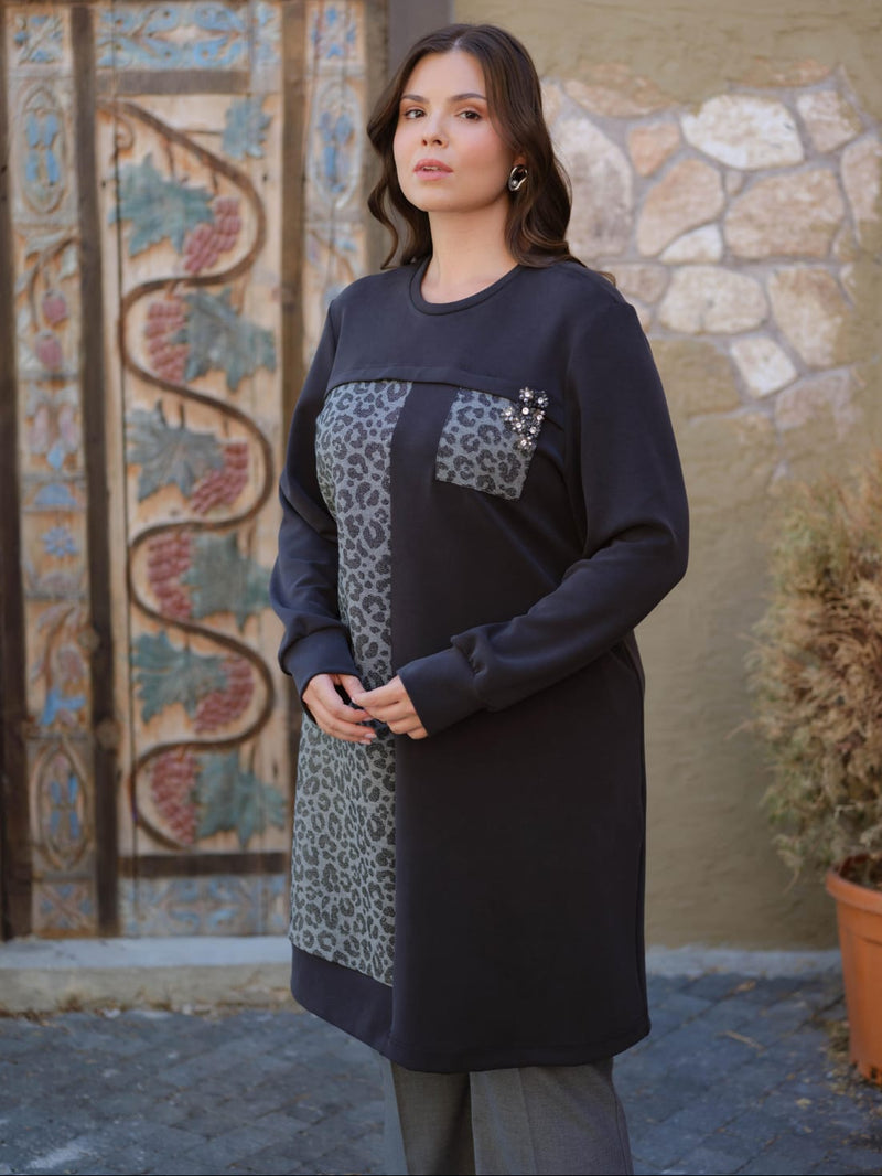 DL Leopard Dtld Tunic Anthracite