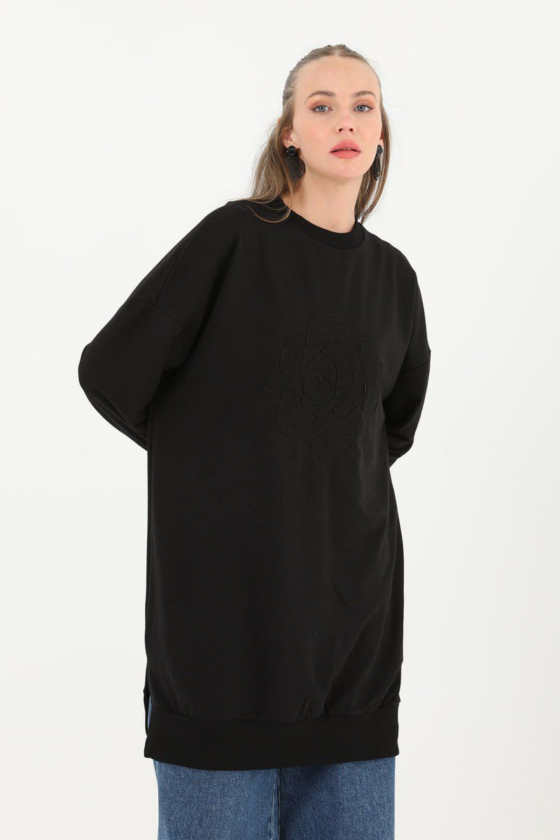 PN Embroidery Flower Cotton Tunic Black