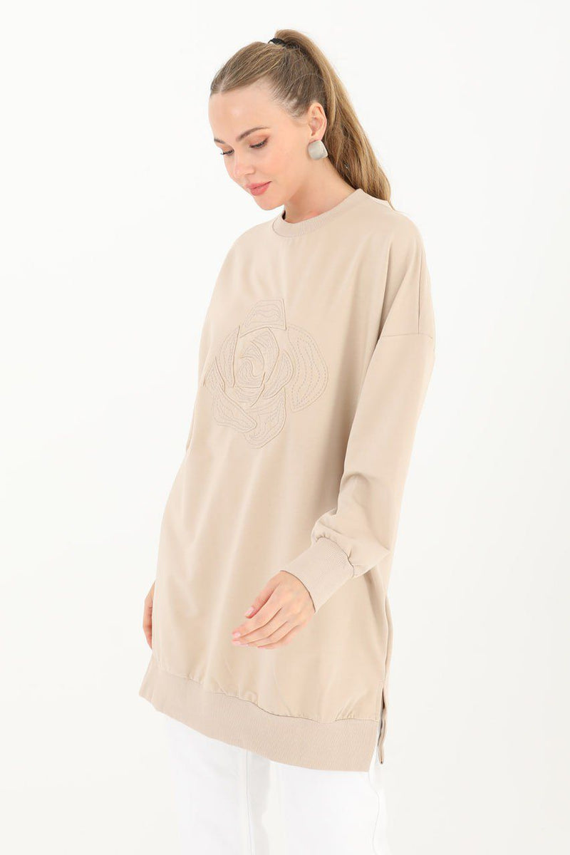 PN Embroidery Flower Cotton Tunic Dark Beige