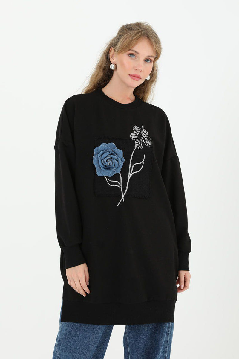 PN Flower Dtld Cotton Tunic Black