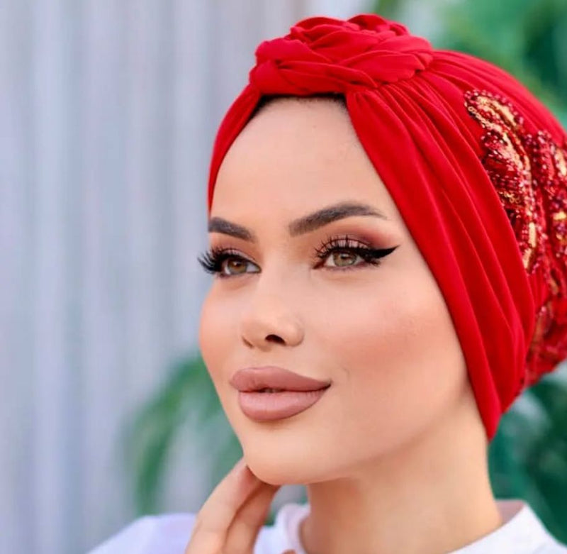 QF 1828 Sequin Handmade Turban Red