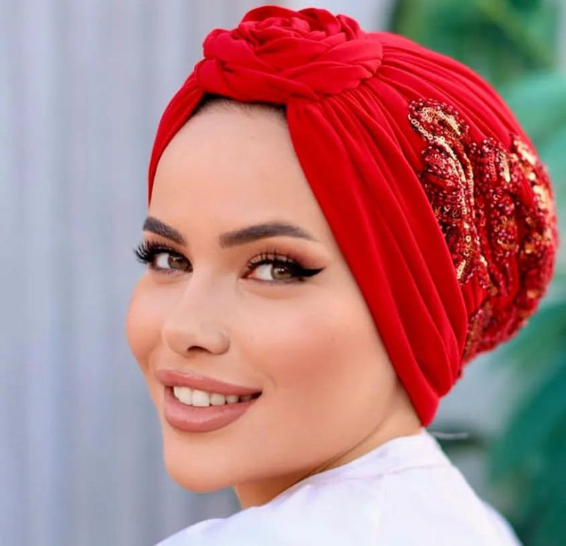 QF 1828 Sequin Handmade Turban Red