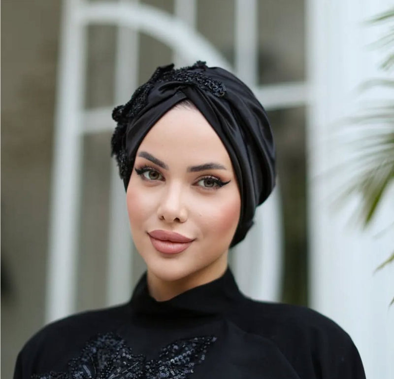QF 1822 Embroidery And Beaded Handmade Turban Black