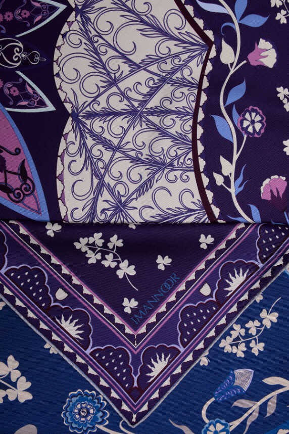 Imannoor Tent Flower Twill Silk Scarf Navy Blue-Purple
