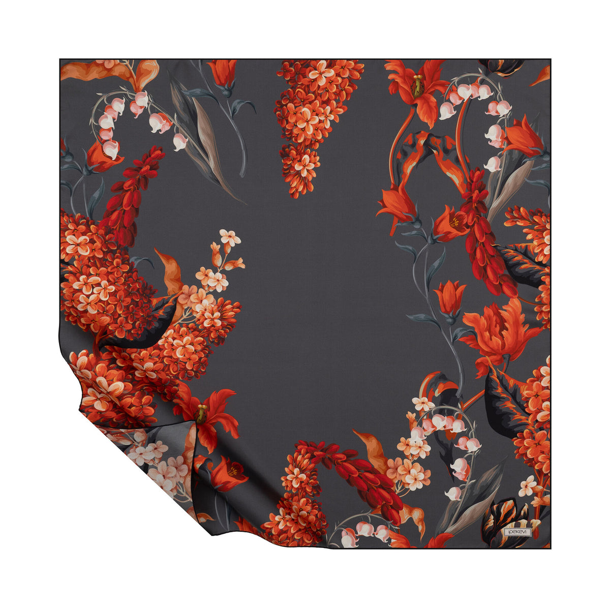 Ipekevi 01872 Charcoal Night Blossom Twill Silk Scarf