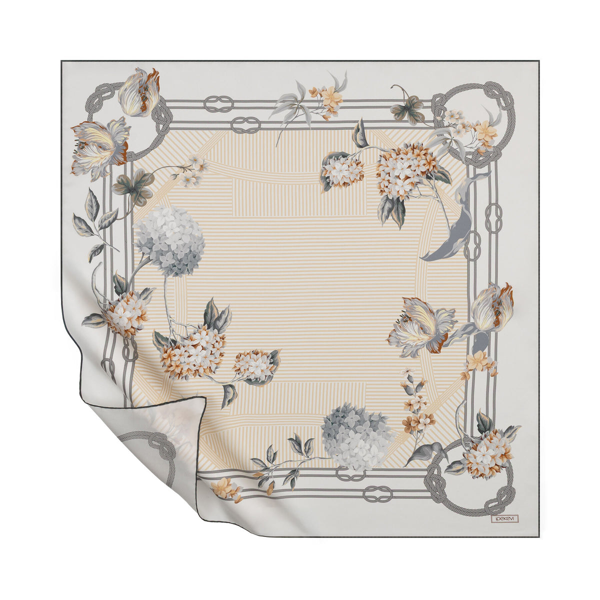 Ipekevi 01869 Cream Grey Kement Twill Silk Scarf