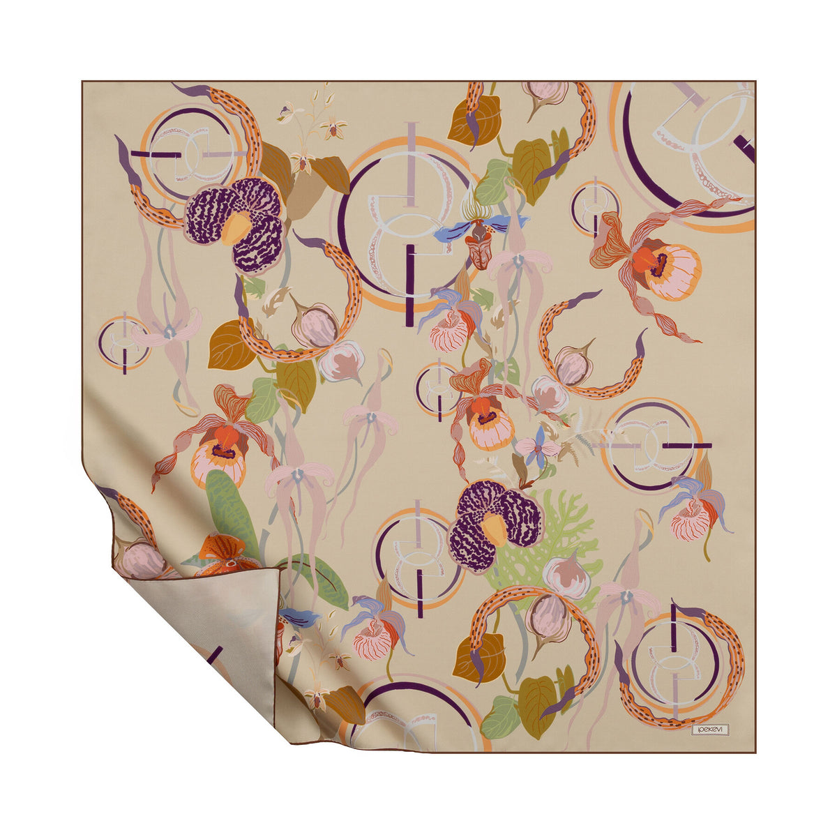 Ipekevi 01877 Cream Mono Orchid Print Silk Scarf