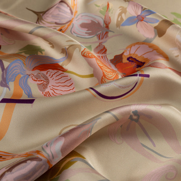Ipekevi 01877 Cream Mono Orchid Print Silk Scarf