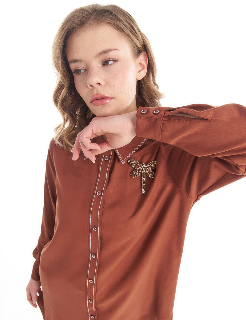 KA Brooch Dtld Tunic Brown