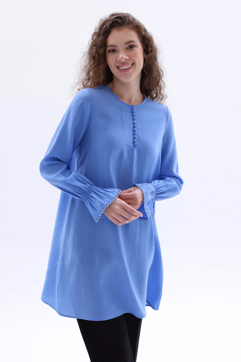 All Button&Lace Tunic Blue