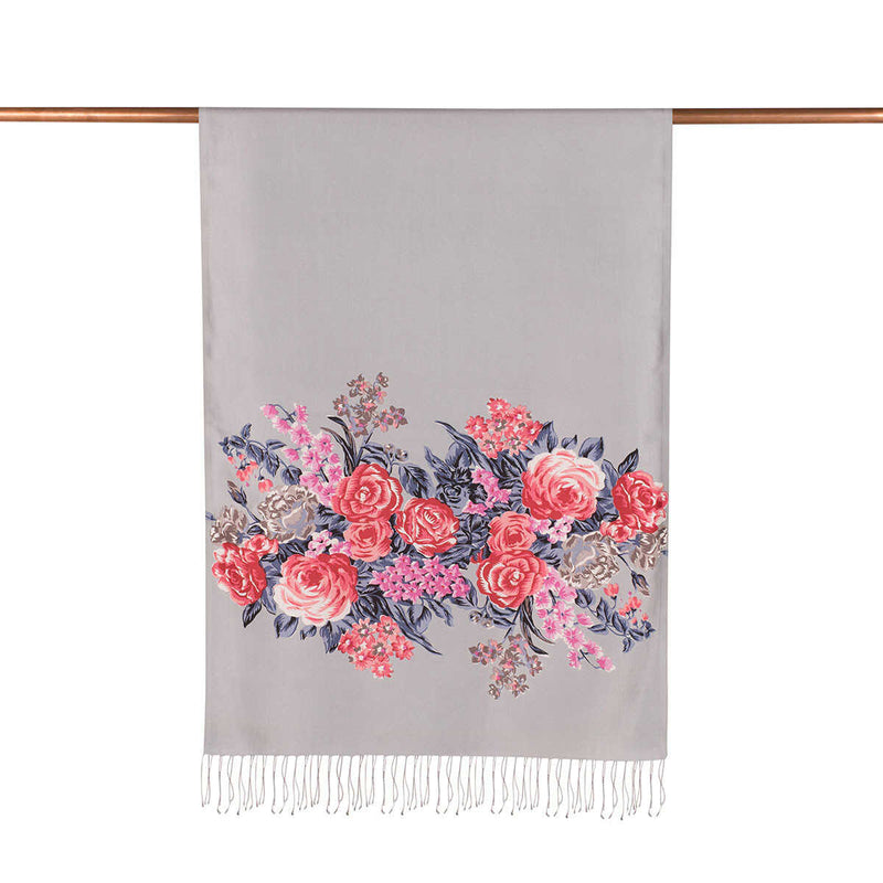 Ipekevi 02677 Gray Palace Garden Print Silk Shawl