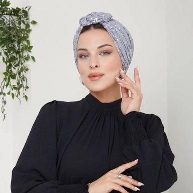 QF 1801 Sequin Handmade Turban Gray