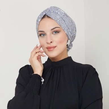 QF 1801 Sequin Handmade Turban Gray