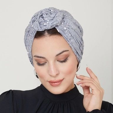 QF 1801 Sequin Handmade Turban Gray