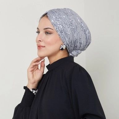 QF 1801 Sequin Handmade Turban Gray