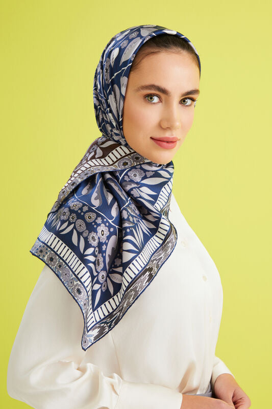 Imannoor Labyrinth Ivy Twill Silk Scarf Blue-Navy