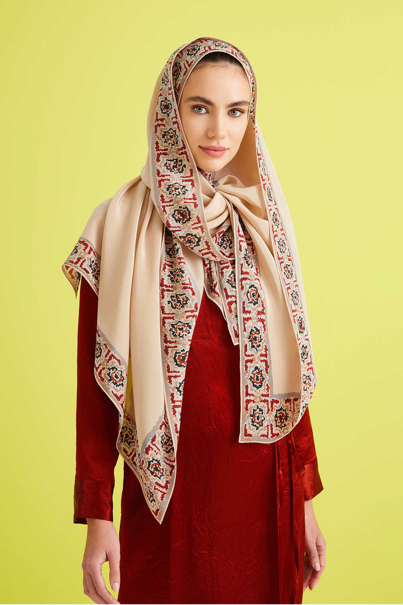 Imannoor Mini Mosaic Silk Shawl Cream