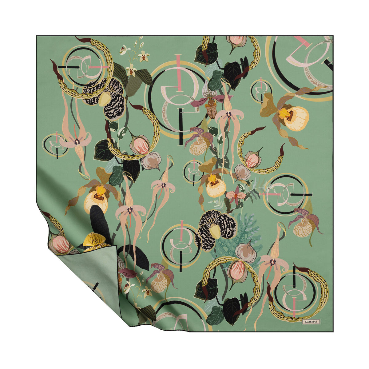Ipekevi 01877 Minty Green Mono Orchid Print Silk Scarf