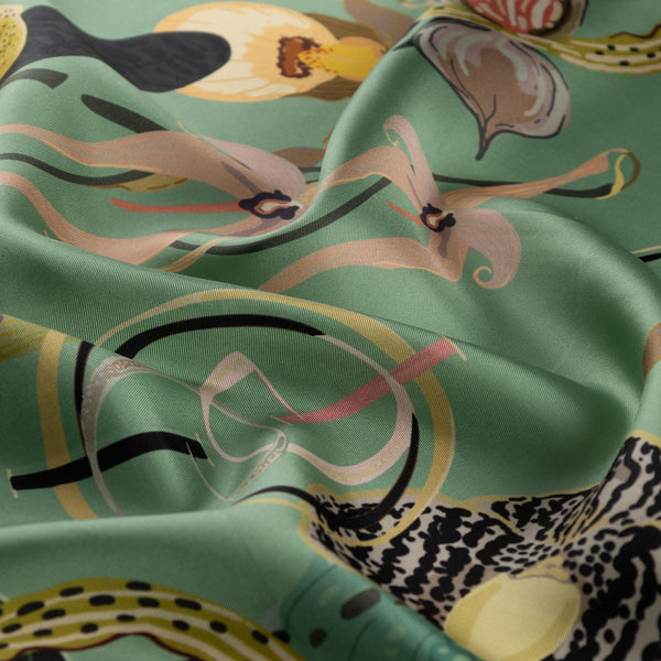 Ipekevi 01877 Minty Green Mono Orchid Print Silk Scarf