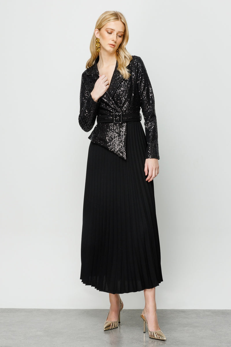 M&I Sequin Pleated Dress Black