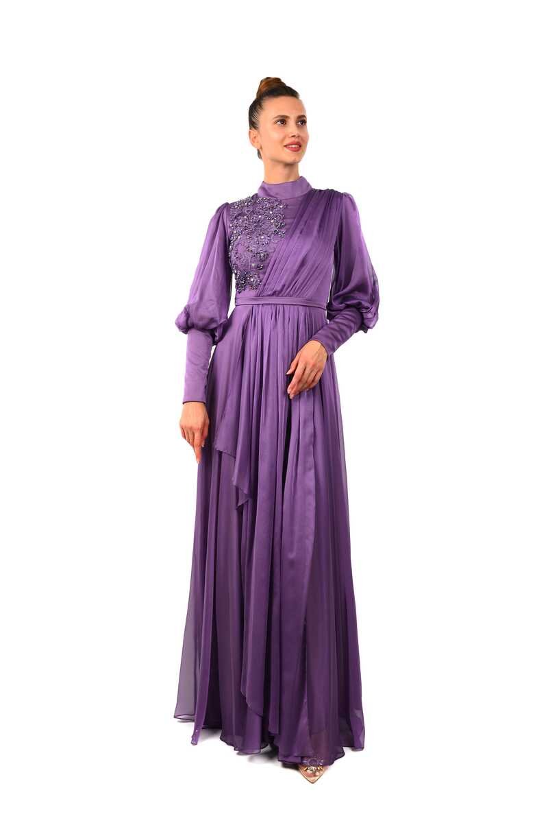 N&C 1551 Side Beaded Detailed Purple Gown