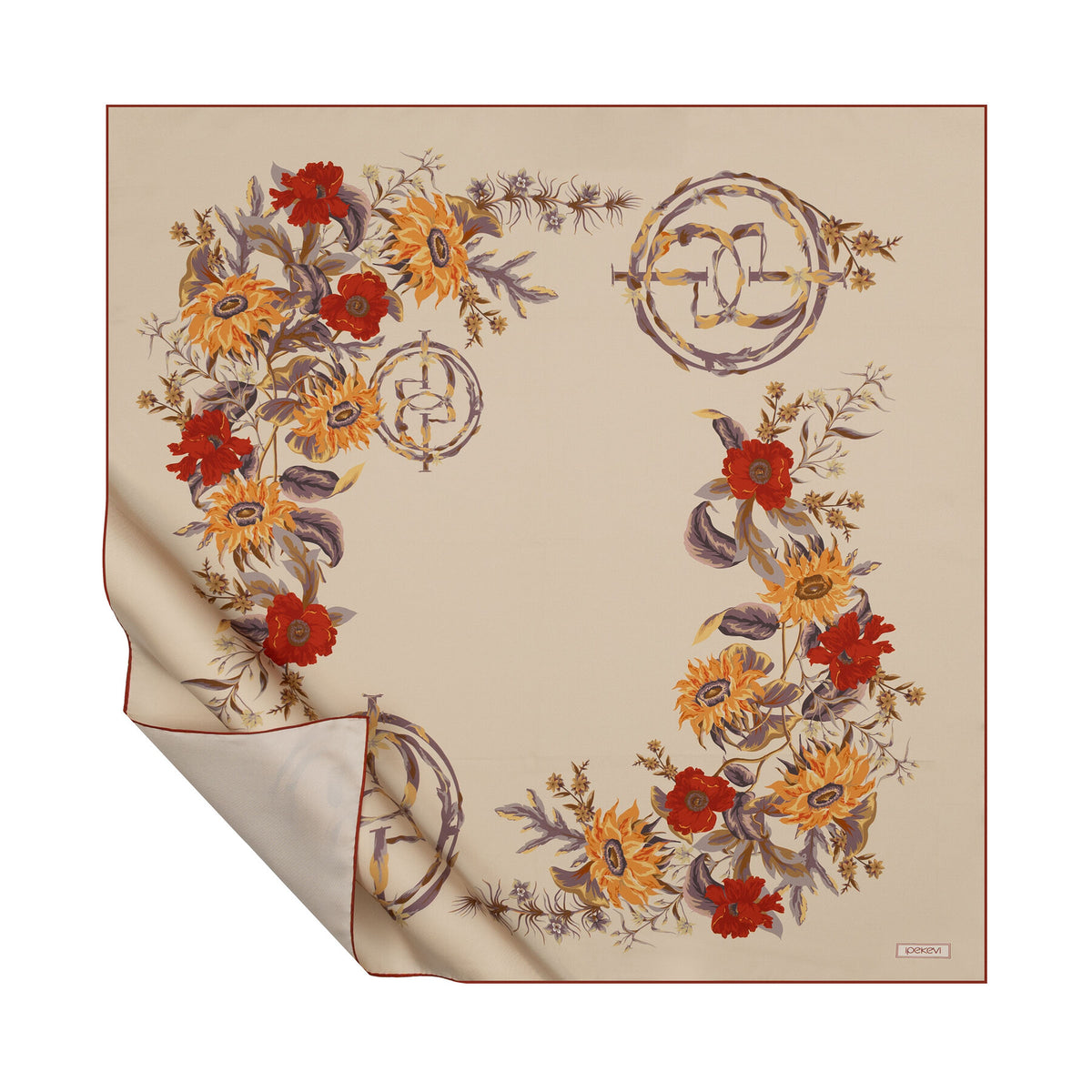 Ipekevi 01958 Ottoman Beige Monogram Garden Twill Silk Scarf
