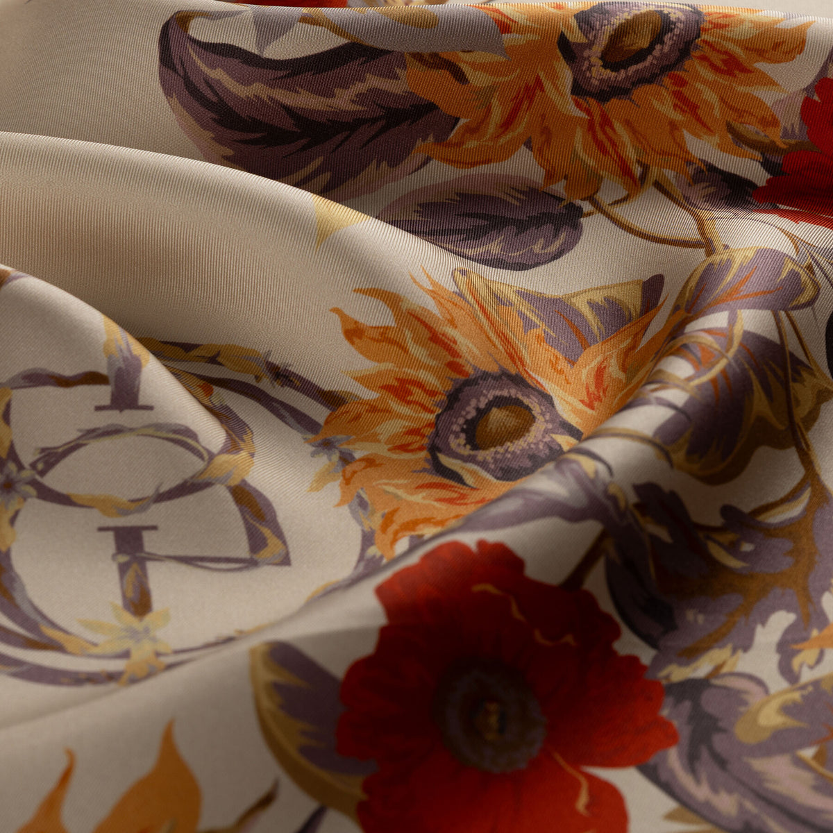 Ipekevi 01958 Ottoman Beige Monogram Garden Twill Silk Scarf
