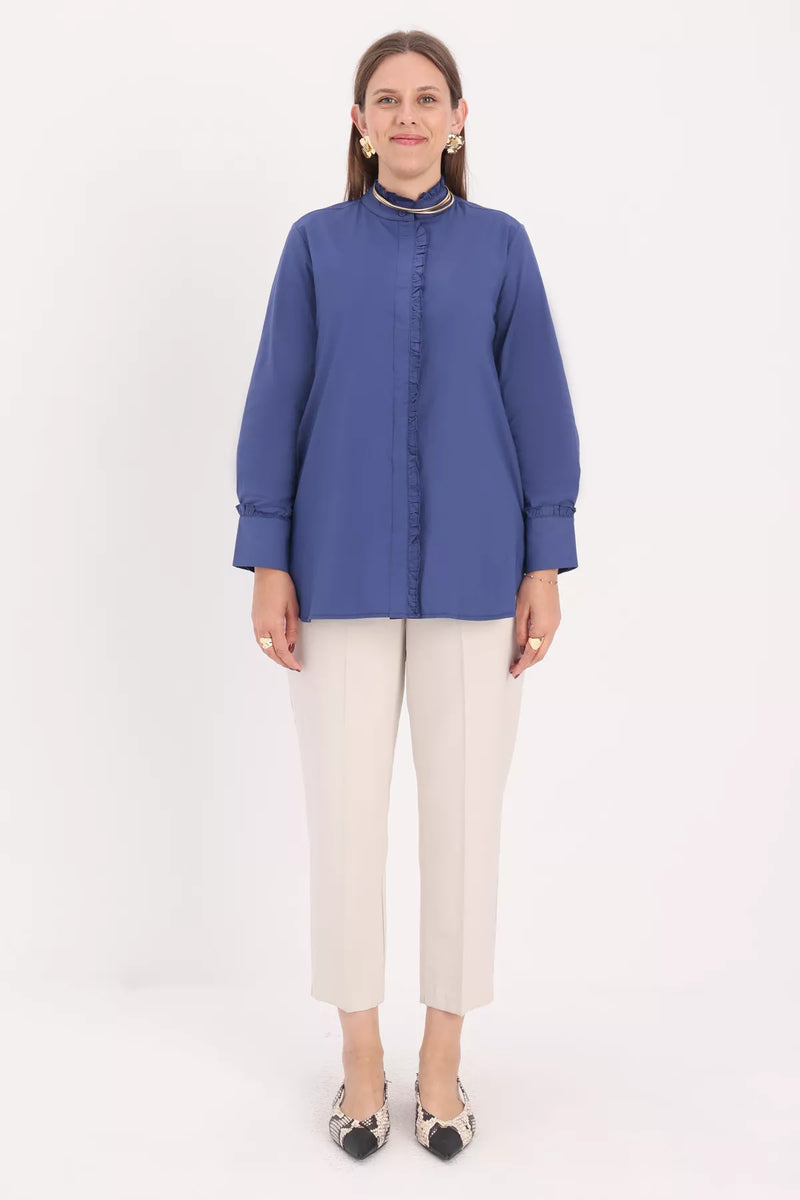 All Frilled Crew Neck Shirt Indigo