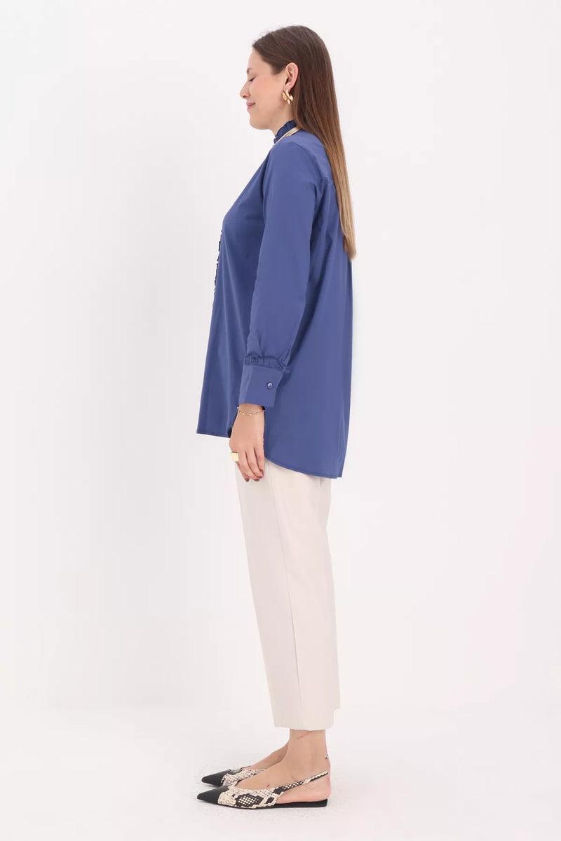 All Frilled Crew Neck Shirt Indigo